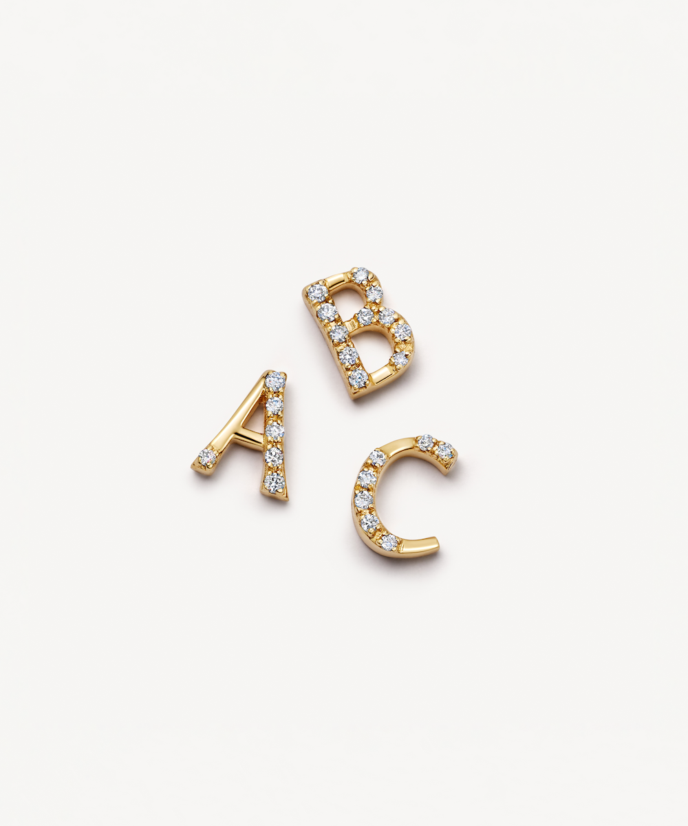 Diamond letter initial A B and C yellow gold charms