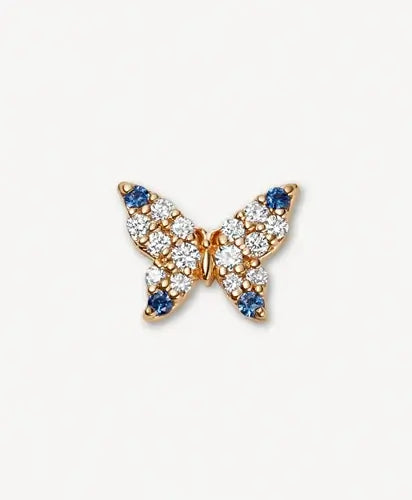 Yellow gold butterfly design charm with diamond and sapphire details.
