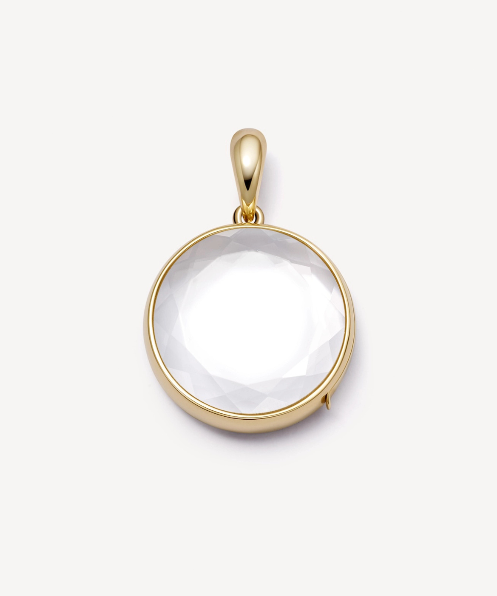 Yellow gold pear cut locket with faceted crystal facade and diamond bail.