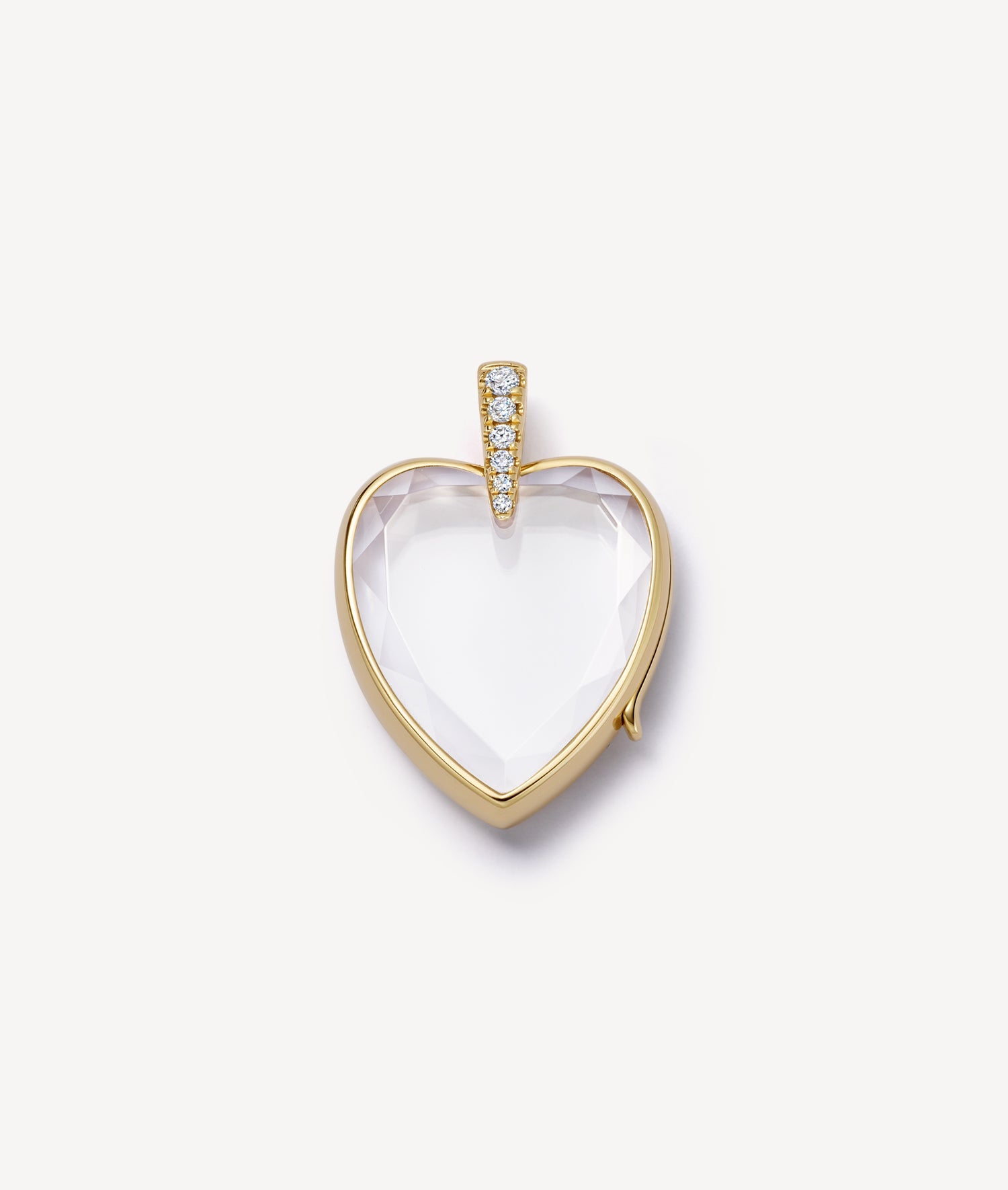Amour diamond heart shape locket set with diamond baguette and a bail with faceted crystal facade.