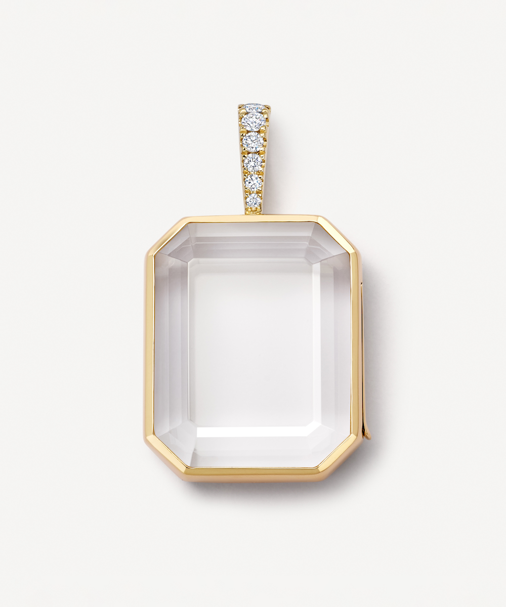 Yellow gold baguette locket pendant with diamond bail and faceted crystal facade