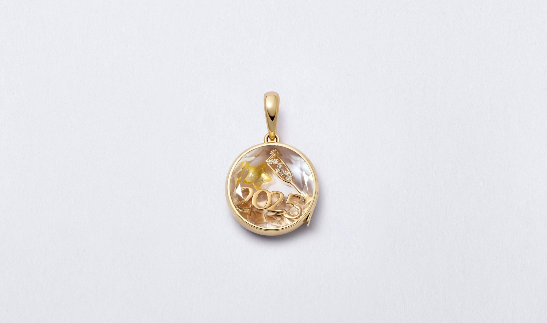 Handcrafted 18k gold 2025 charm styled in locket pendant symbolizing new beginnings and cherished milestones.