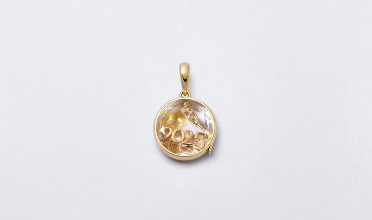 Handcrafted 18k gold 2025 charm styled in locket pendant symbolizing new beginnings and cherished milestones.
