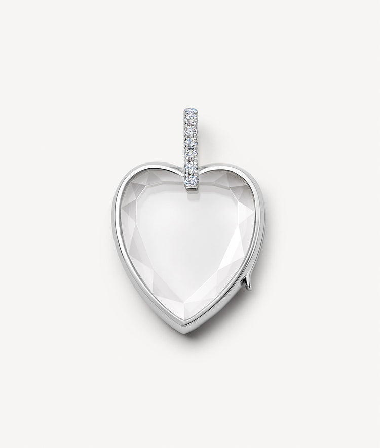 White gold heart shaped Amate locket with crystal facade and diamond bail..