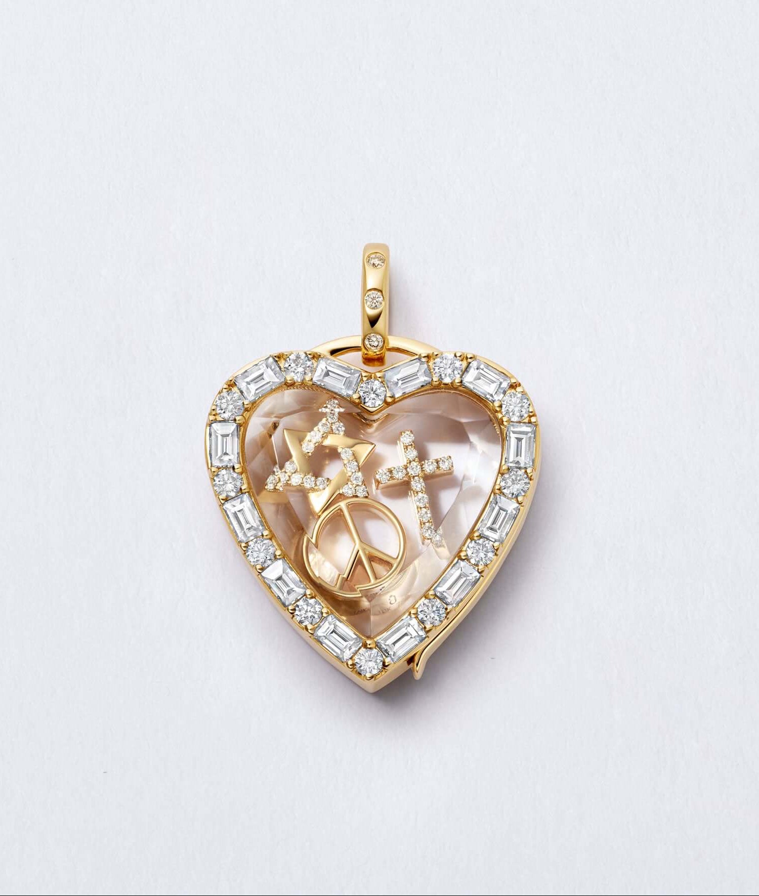 Diamond cross charm inside the amour diamond heart locket with peace charm and star of david charm.