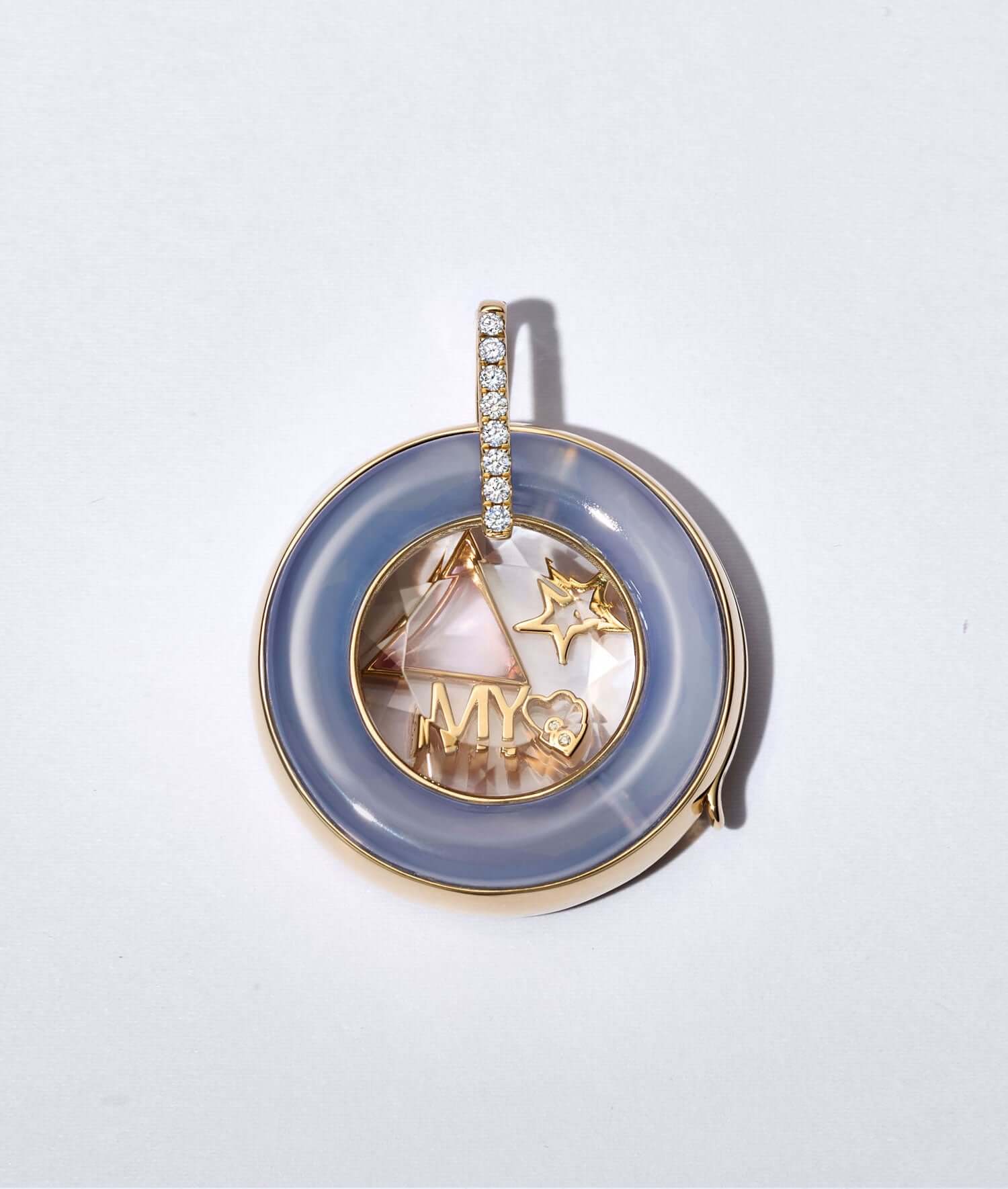 BLUE CHALCEDONY DIAMOND ROUND LOCKET with charms and a diamond bail.