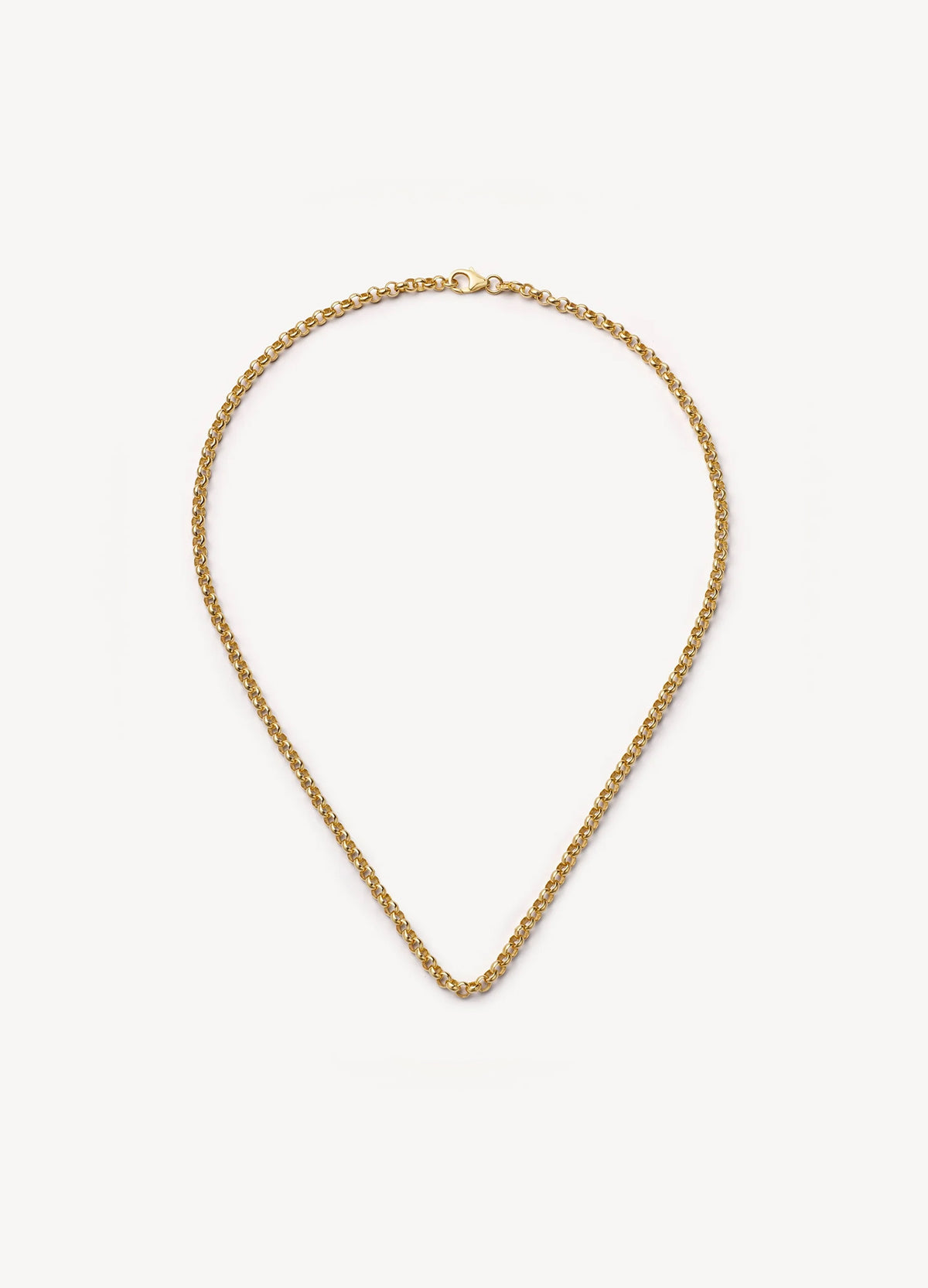 A delicate gold chain necklace with a small lobster clasp, displayed in a teardrop shape against a clean, off-white background.