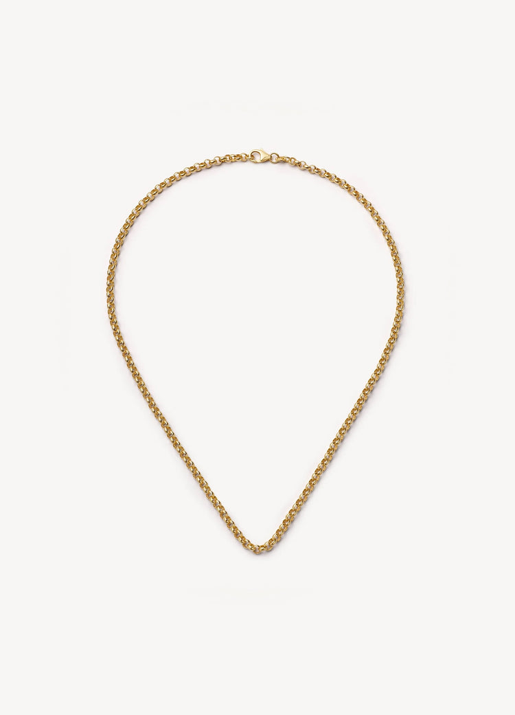 A delicate gold chain necklace with a small lobster clasp, displayed in a teardrop shape against a clean, off-white background.