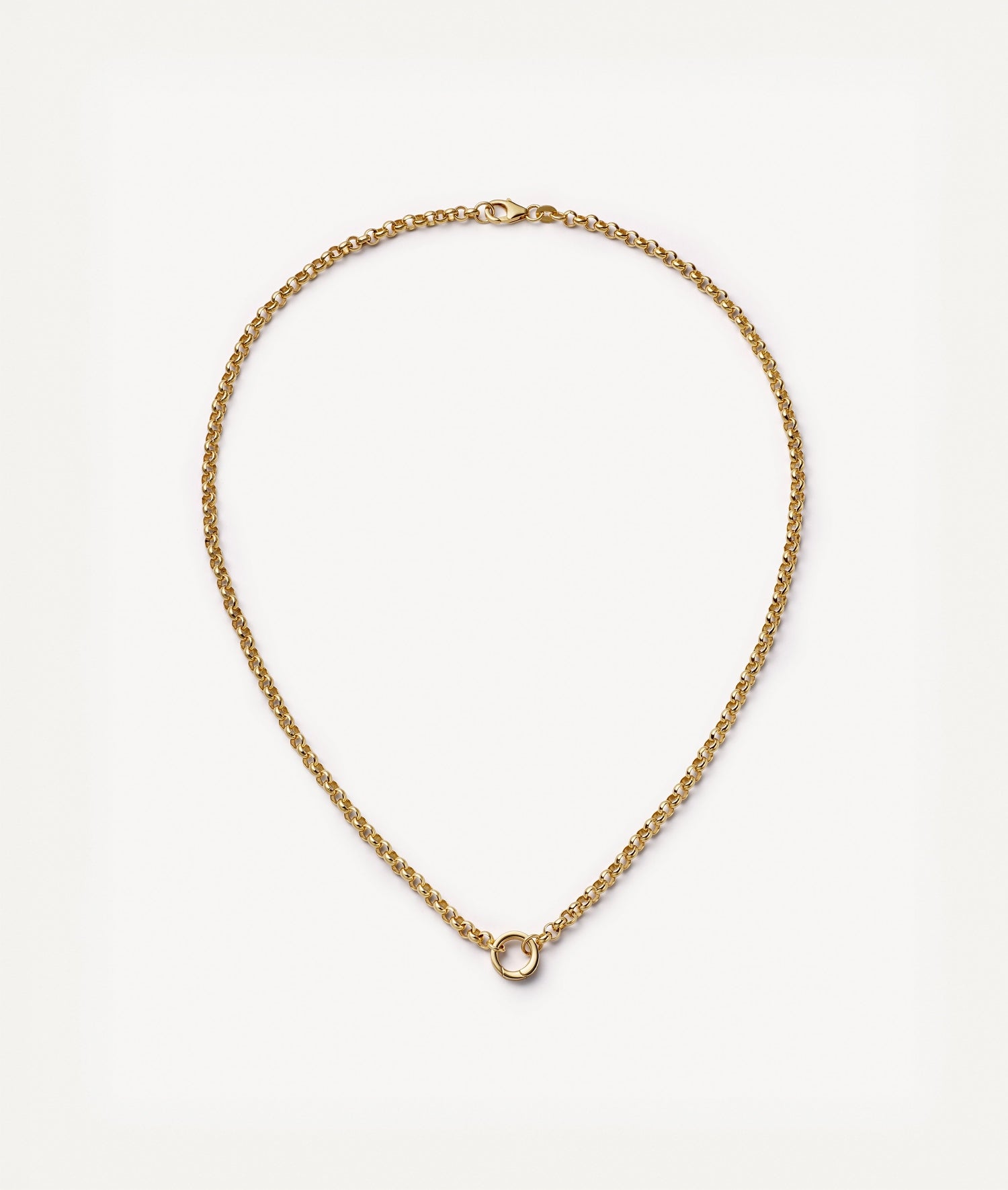 A delicate gold belcher chain necklace with a small circular hoop, displayed on a clean white background.