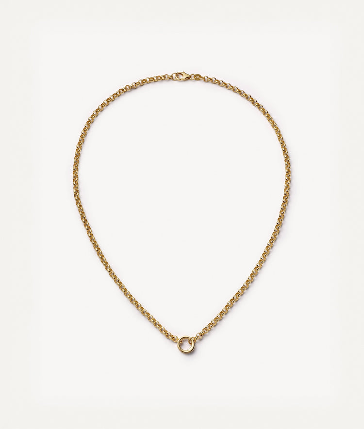 A delicate gold belcher chain necklace with a small circular hoop, displayed on a clean white background.