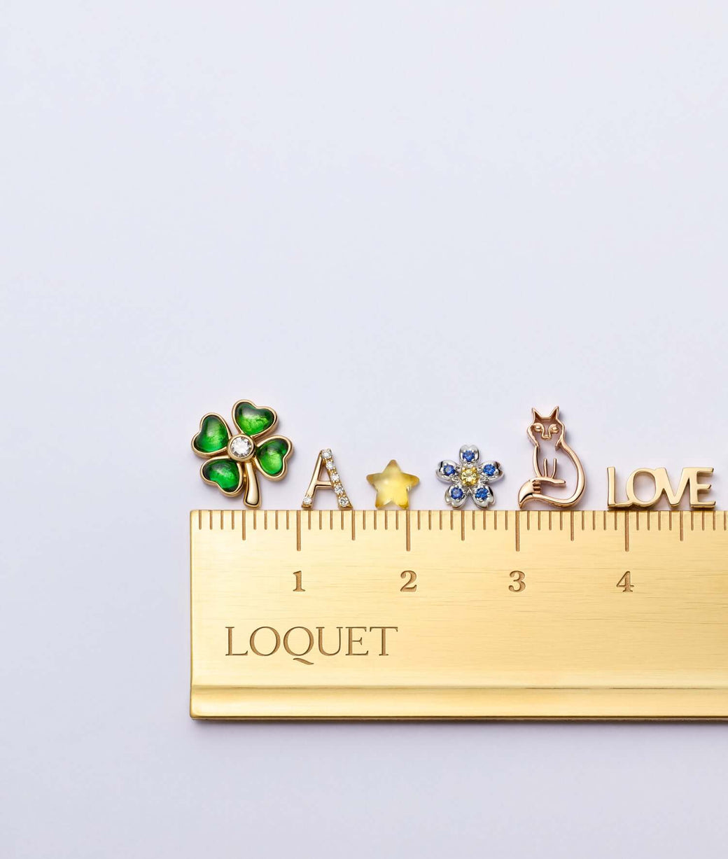 Various charms lined up along a gold ruler.