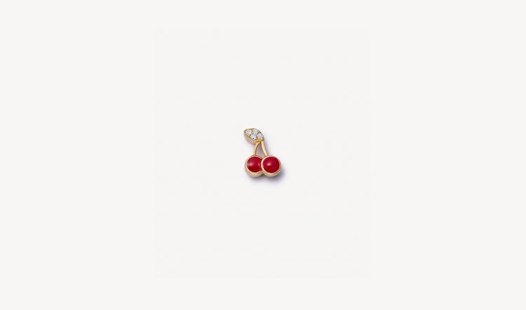 Red cherries in yellow gold with diamond leaf charm