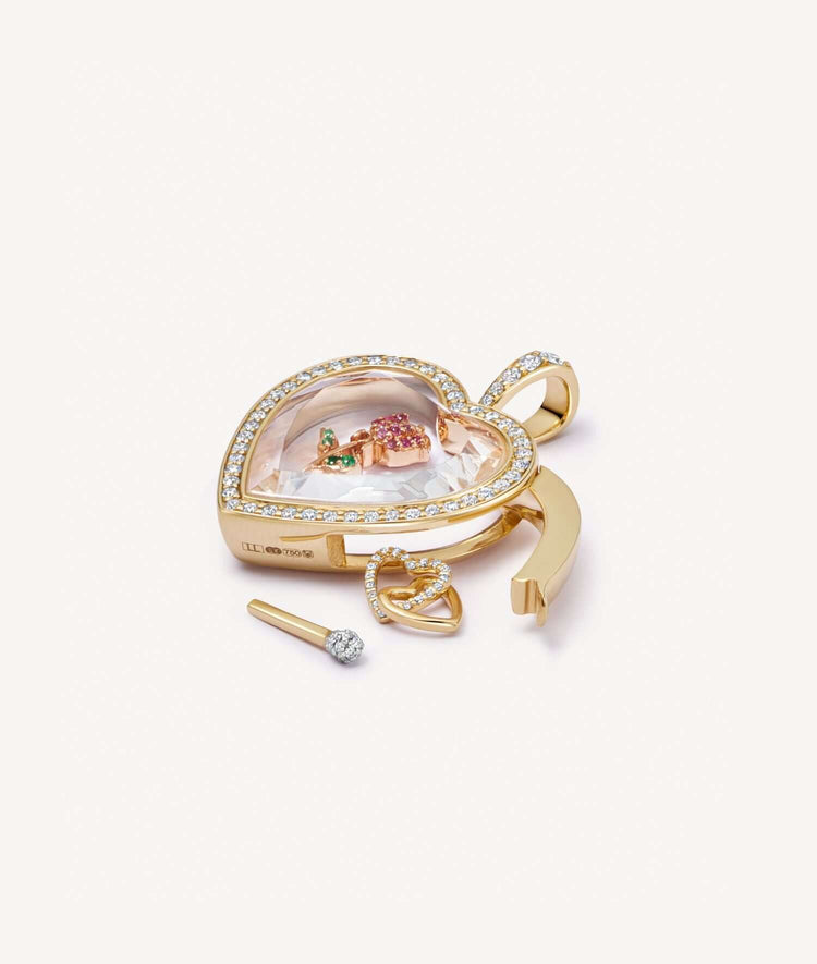 Diamond Eros Heart Gold Locket 18k filled with 18k solid gold charms, latch open.