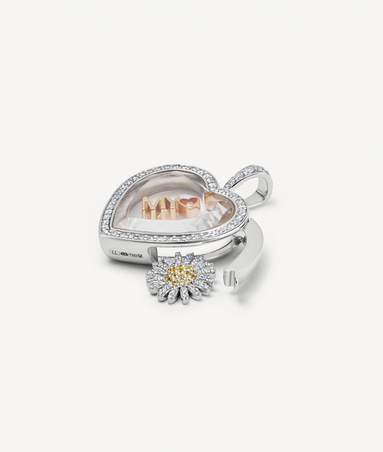 Diamond Eros Heart White Gold Locket 18k with 18k solid gold charms, open latch.