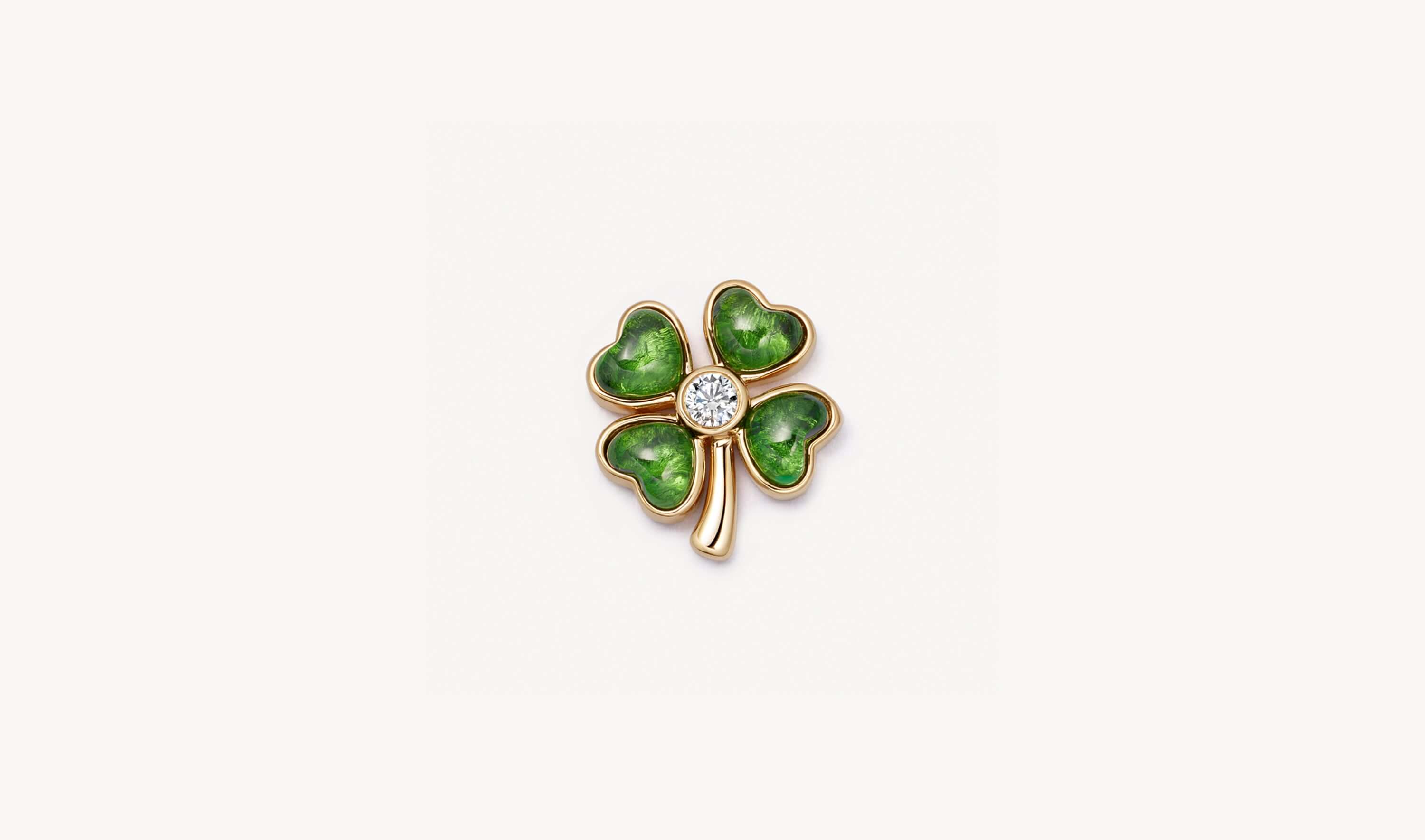 Four leaf clover in yellow gold with diamond centre and tsavorites leaves locket charm 
