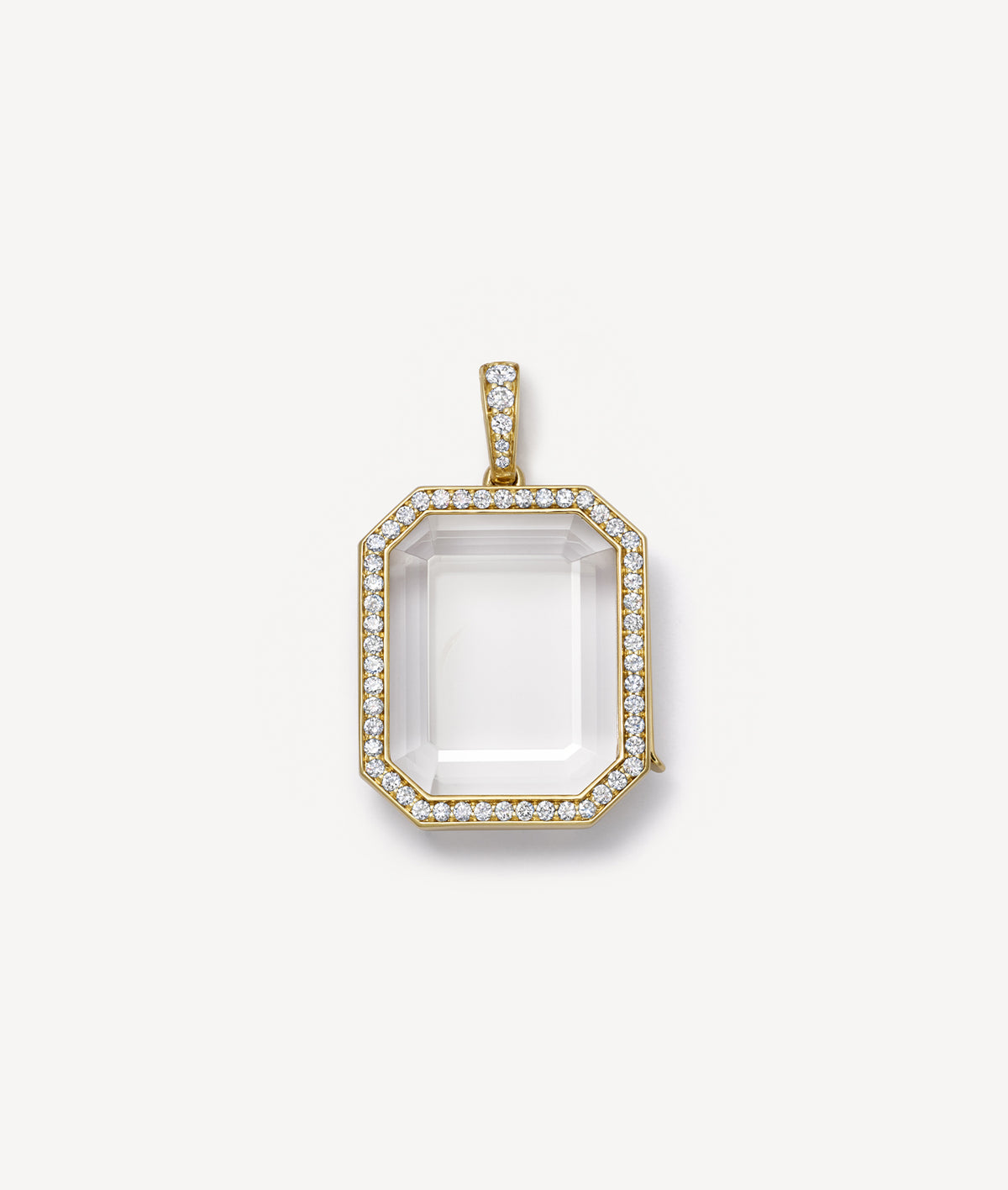 yellow gold diamond baguette locket pendant on a white background