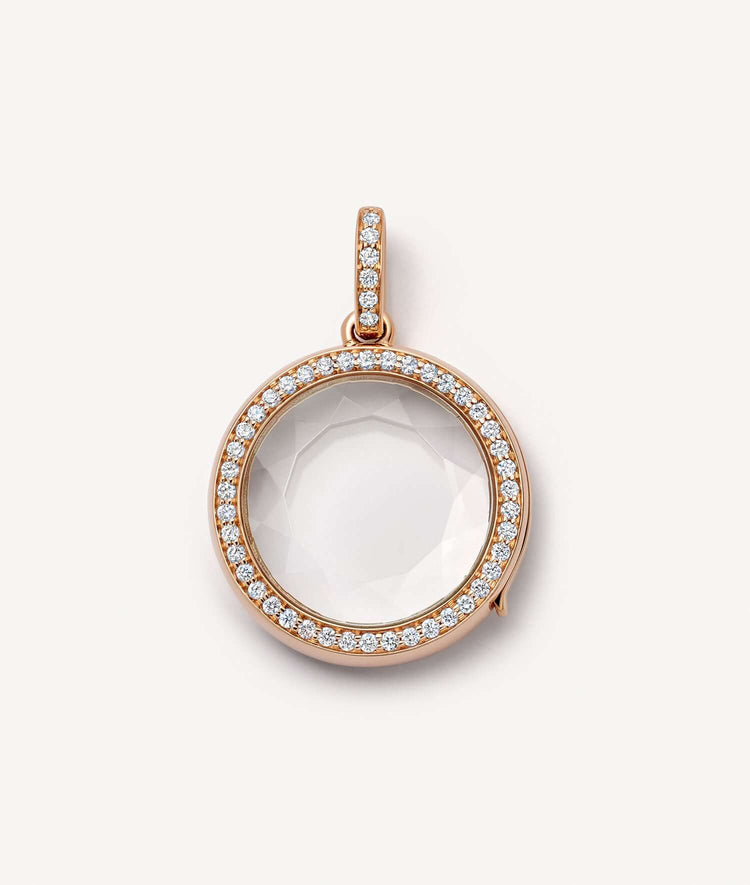 helios round diamond, rose gold locket.