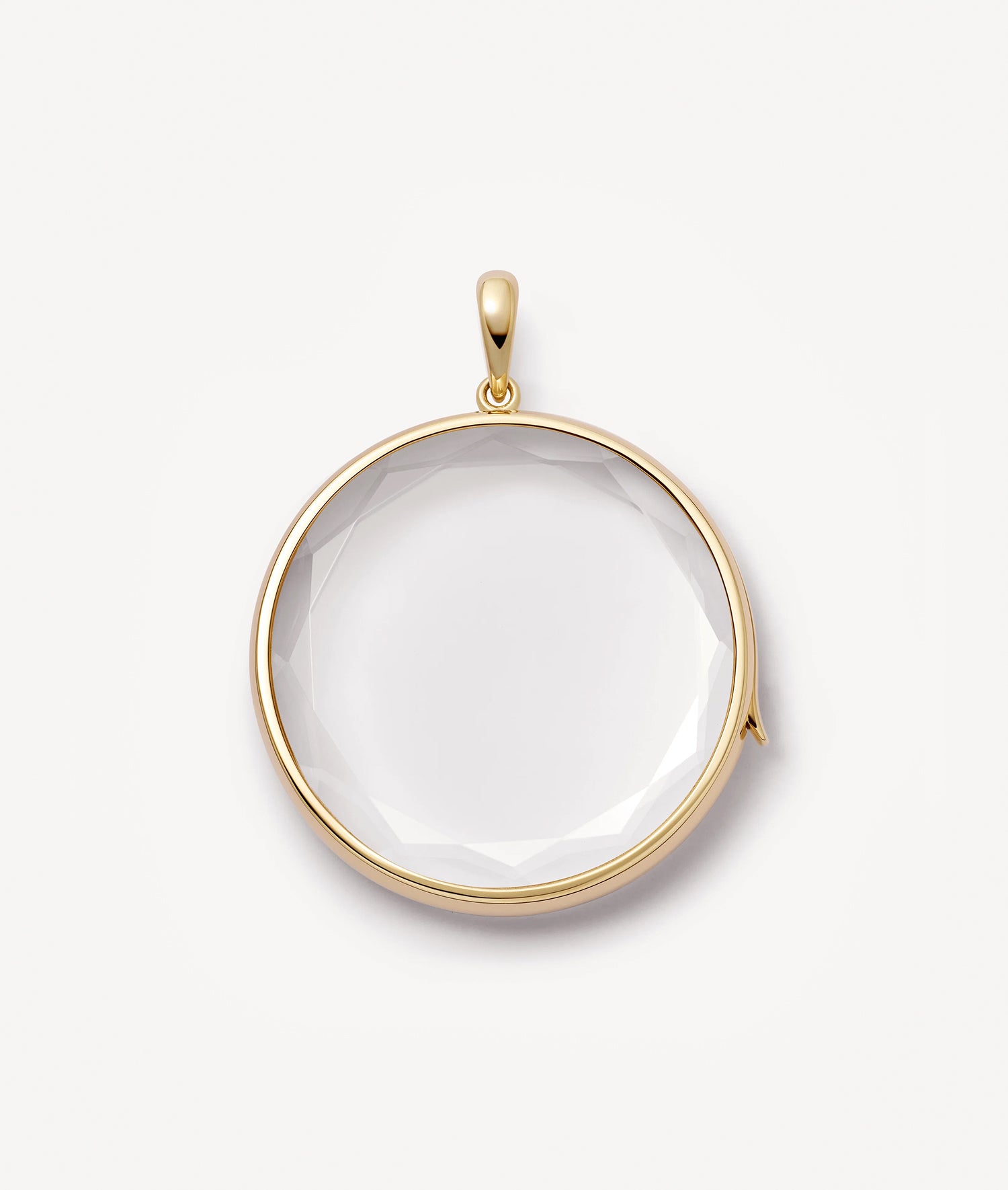 Large Jupiter Round Pendand Locket with clear faceted Crystal facade on white background