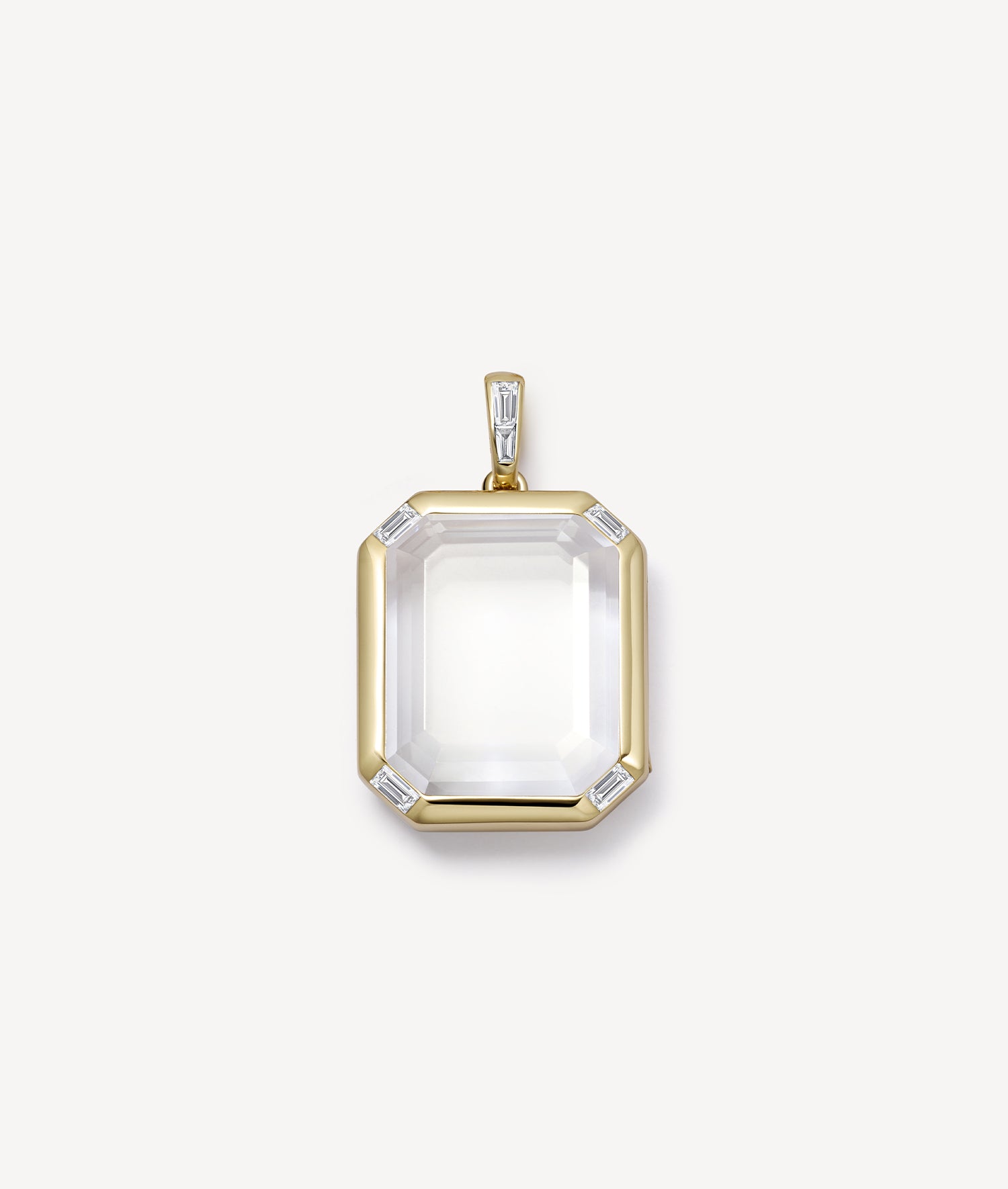 quattro baguette locket pendant with baguette diamonds and clear crystal facade on a white background