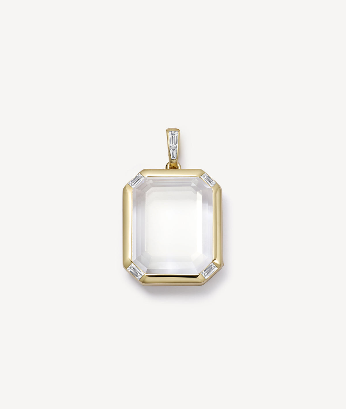 quattro baguette locket pendant with baguette diamonds and clear crystal facade on a white background