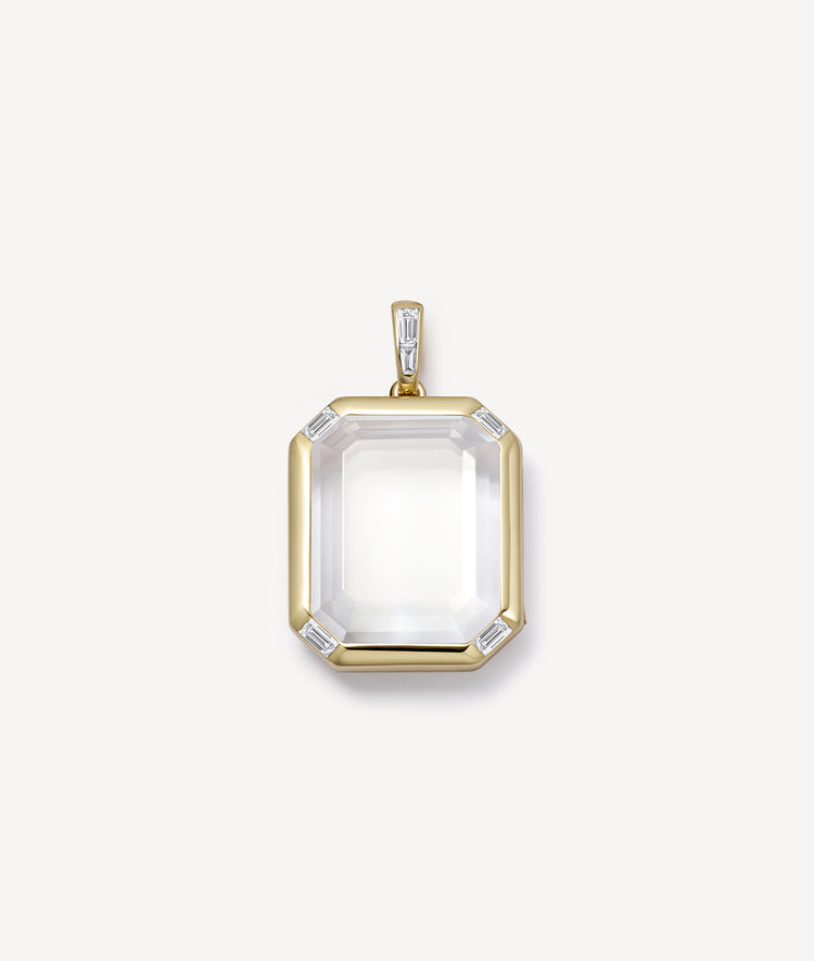 quattro baguette locket pendant with baguette diamonds and clear crystal facade on a white background