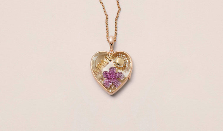 Rose Gold Hear of Gold Locket 14k locket with Mama charm, Blooming Blossom charm and Diamond Sun charm.