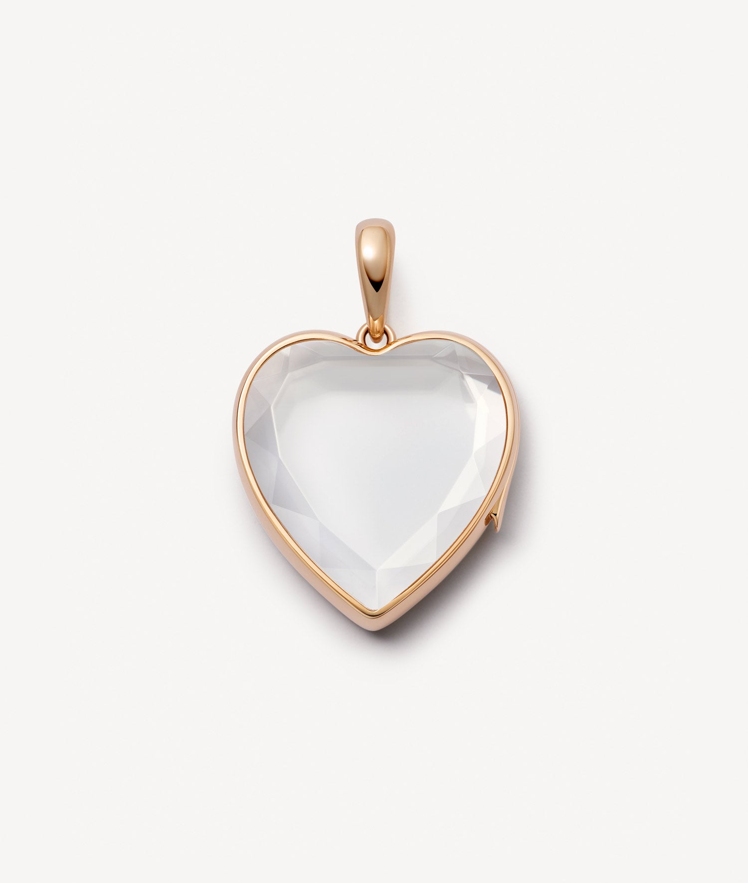 Rose gold large heart charm locket pendant with a faceted crystal facade on a white background.