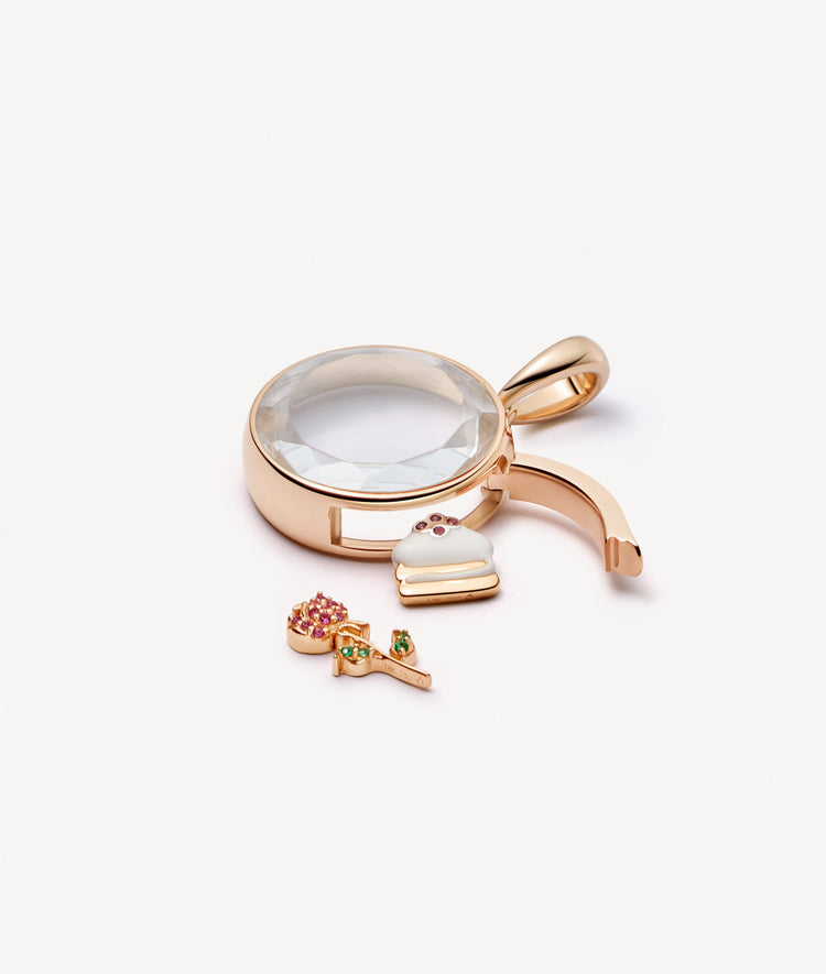 Midi Round Rose Gold Locket 14k with charms, latch open.