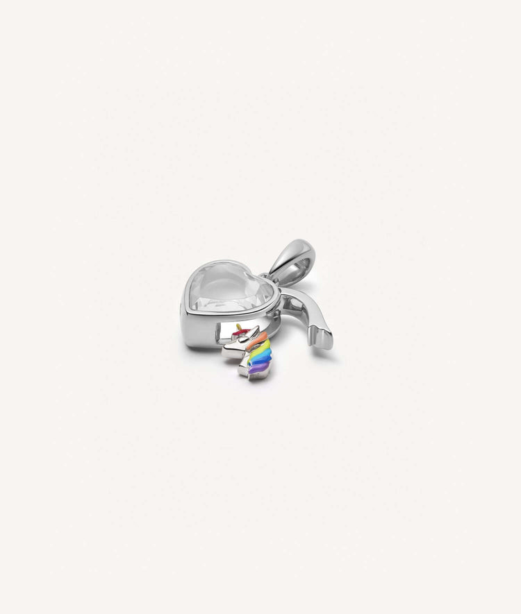 Mini White Heart of Gold Locket in 14k white gold with white sapphire heart cut crystal and rainbow unicorn charm.