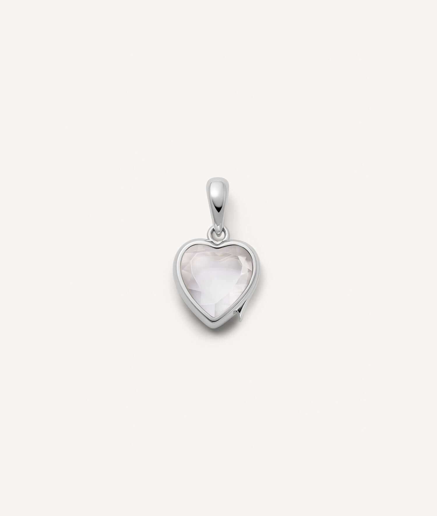 Mini heart-shaped 14k white gold locket with white sapphire faceted sapphire crystal.